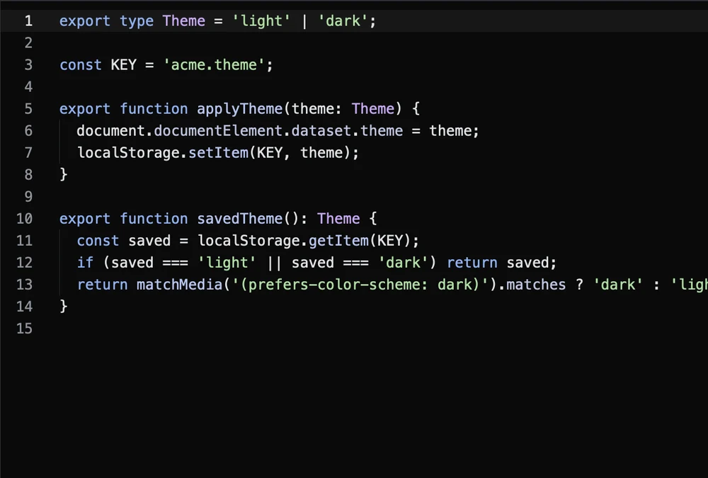The editor showing a TypeScript file, theme.ts, with syntax highlighting and line numbers: a type, a constant, and two functions that save and apply the theme.