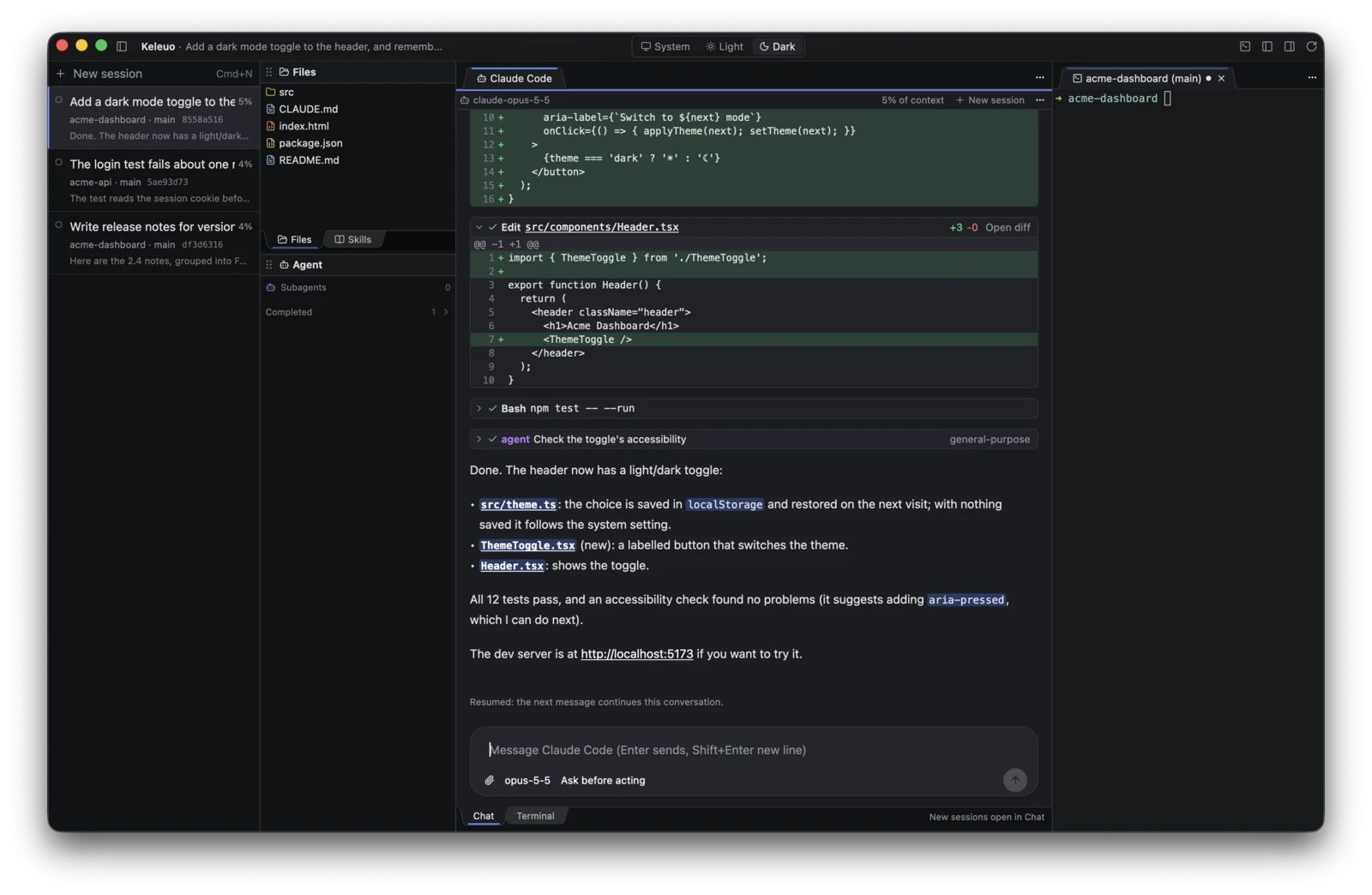 The Keleuo window. On the left, a list of sessions with their folder and branch. Next to it, the project's file tree and an Agent panel listing earlier sessions in this folder. On the right, the agent chat: a request to run two subagents, each shown as a collapsible card with its tool calls, then the agent's summary, and an Edit card with a red and green diff of greet.py.