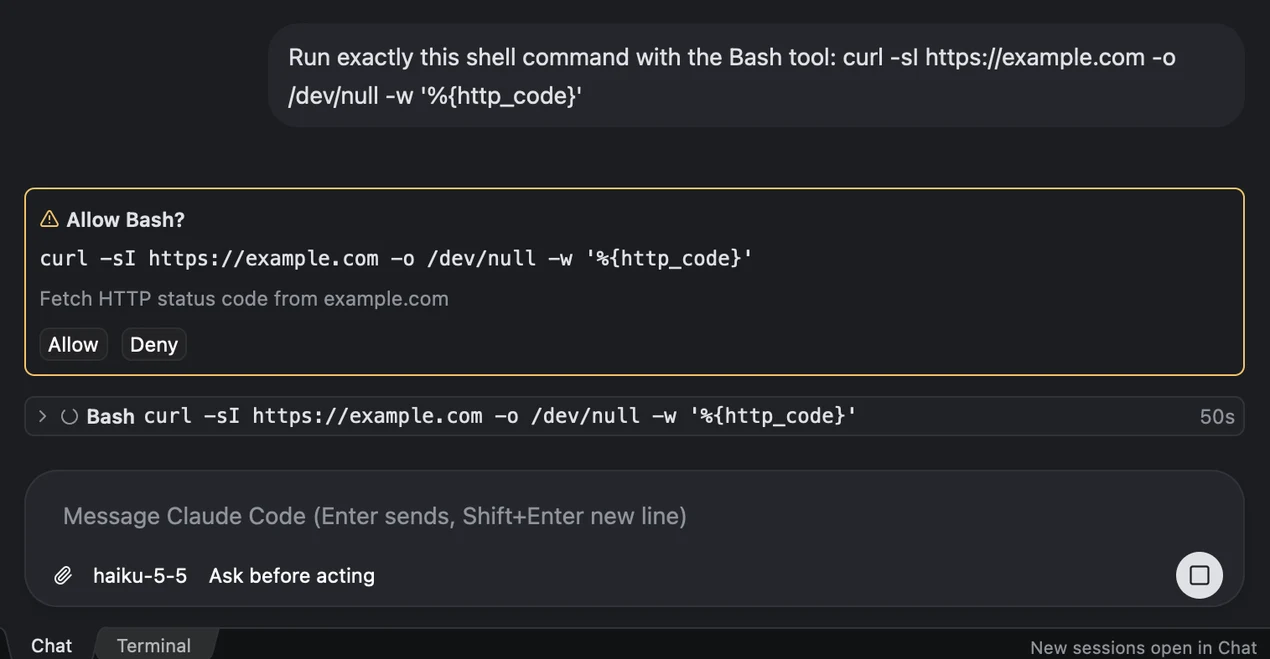 A permission prompt in the chat, titled Allow Bash?, showing the exact curl command the agent wants to run, a short description, and Allow and Deny buttons. The tool call waits below it with a spinner.