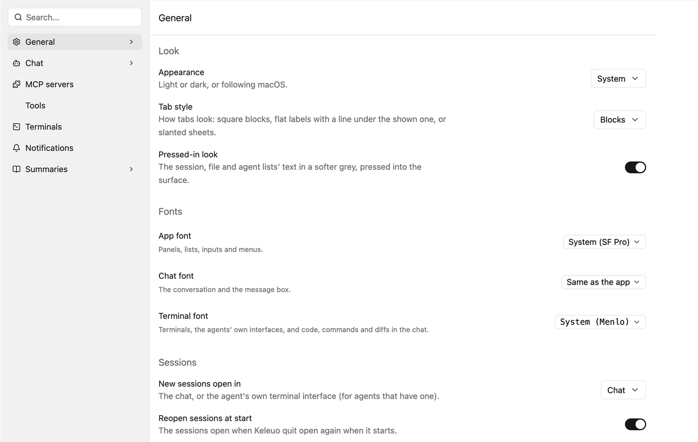 Settings as a page in the window, open on General: Appearance, Tab style and Pressed-in look under Look; App font, Chat font and Terminal font under Fonts; and options for sessions. The sidebar has a search box and the pages General, Chat, MCP servers, Tools, Terminals, Notifications and Summaries.